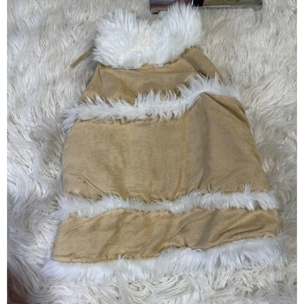 Tan Faux Suede and White Faux Fur Pet Vest Small Dog Cat Winter Coat